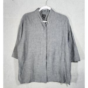 Eileen Fisher Linen Blend Tunic Oversized Button Front Grey Womens Size Medium